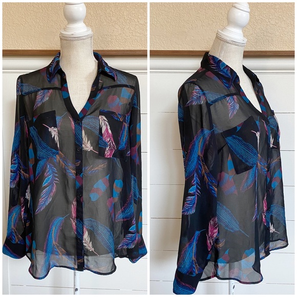 Express Tops - Express Portofino Feathers Semi-Sheer Boho Button Blouse size Large